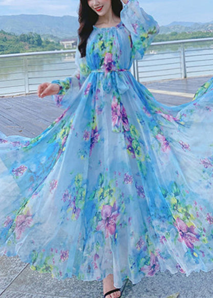 French Blue O-neck Print Chiffon Long Holiday Dress Spring