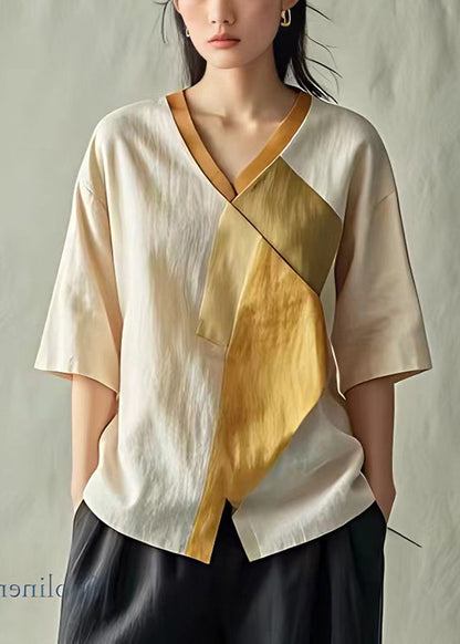 Apricot V Neck Patchwork Linen Blouse Top Summer