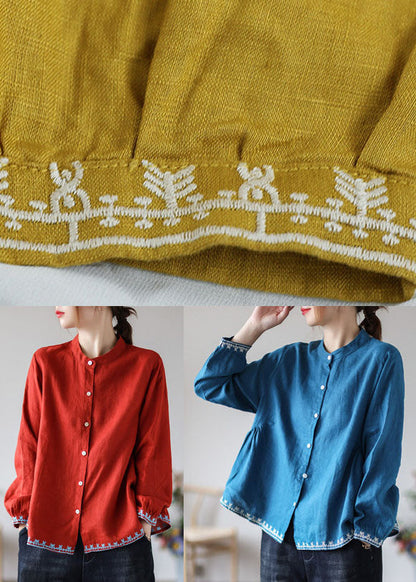 Organic Blue Loose Button Fall Long Sleeve Blouses