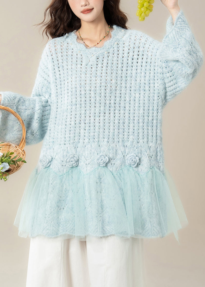Light Blue Hollow Out Butterfly Tulle Patchwork Knit Sweater Spring