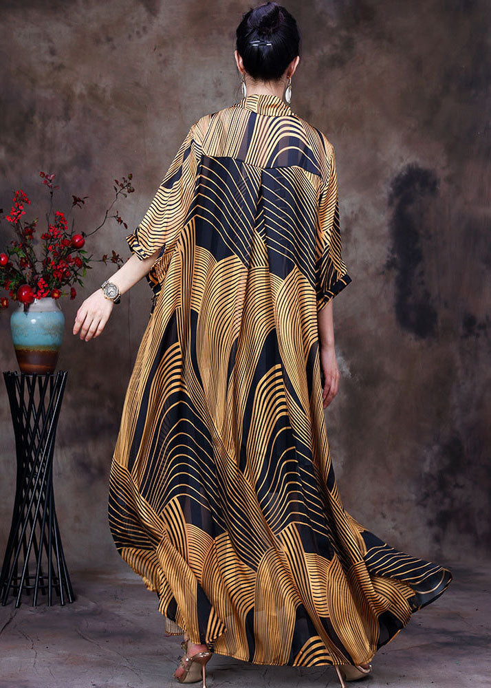 Yellow Peter Pan Collar Wrinkled Striped Print Chiffon Long Shirt Half Sleeve