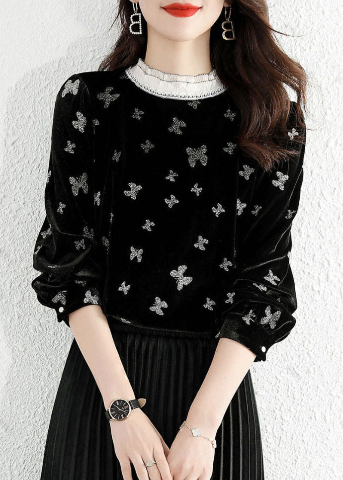 Black Ruffled Butterfly Velour Shirt Top Spring