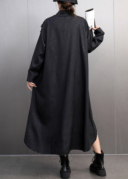 Black Peter Pan Collar Asymmetrical Lace Patchwork Long Shirts Dress Spring