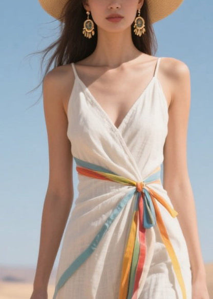 White Side Open Multicolour Ribbon Cotton Sun Dress Summer