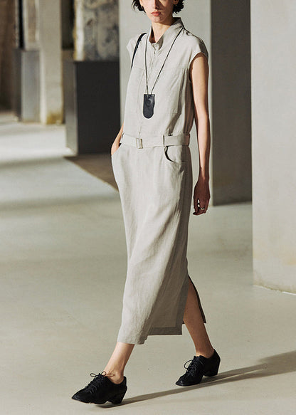 New Stand Collar Pockets Cotton Long Dresses Summer