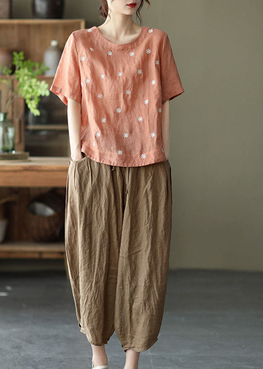 Orange Embroideried Linen Blouses Top Short Sleeve