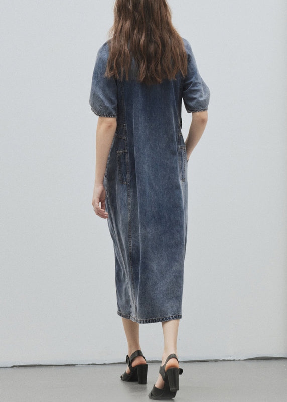 Blue O Neck Pockets Patchwork Denim Dress Summer
