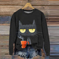 Drink Tea Cat Print Round Neck Casual Sweatshirt elevenforest