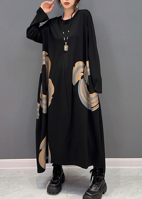 Black O-neck Print Maxi Dresses Spring