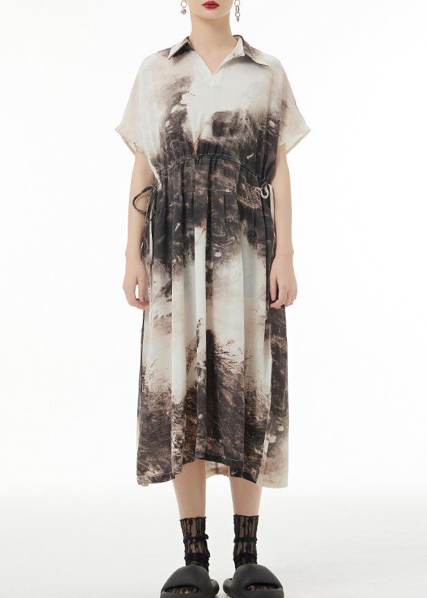 Peter Pan Collar Tie Dyetie Waist Patchwork Silk Long Dresses Summer