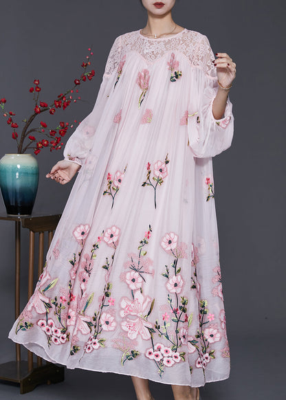 Stylish Pink Embroidered Hollow Out Silk Velour Maxi Dresses Spring