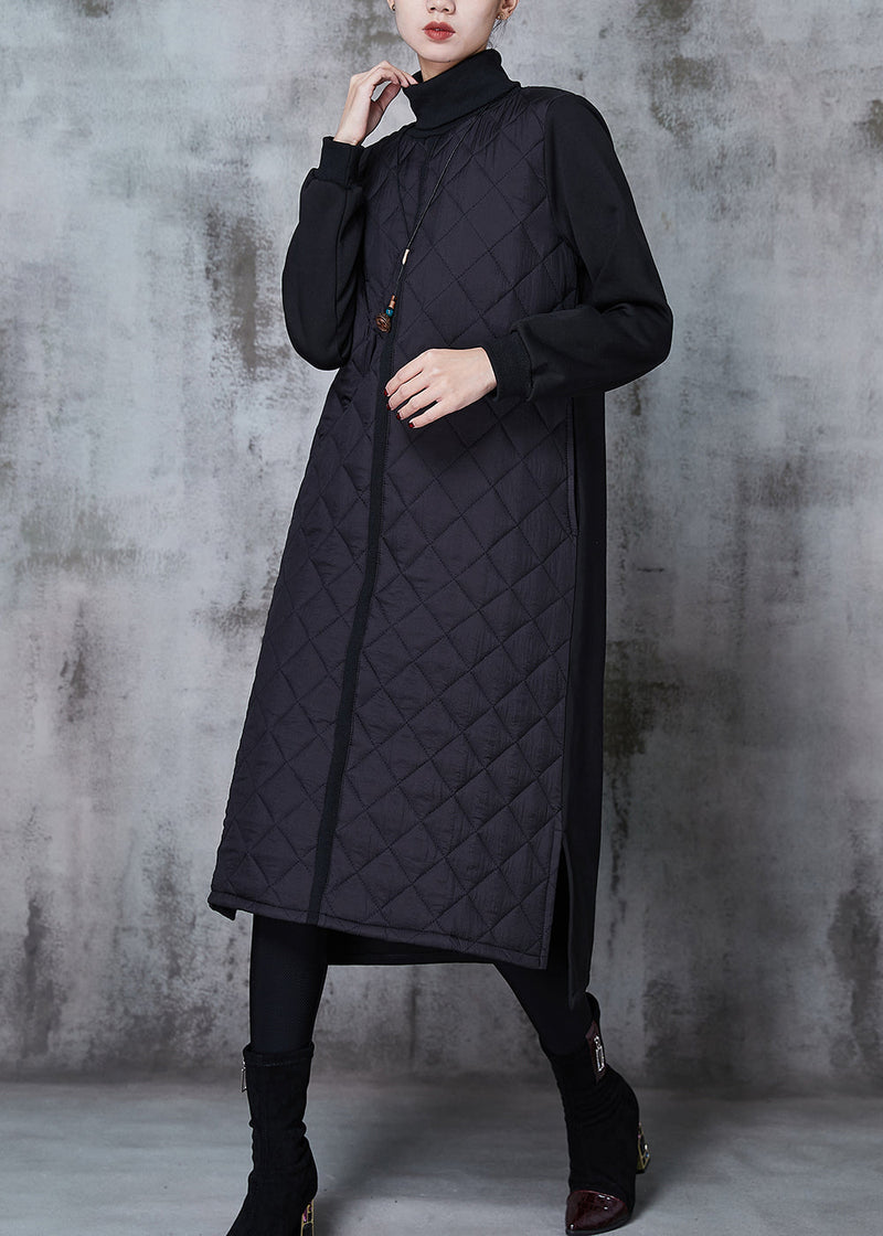 Black Patchwork Fine Cotton Filled Maxi Dress Turtle Neck Spring