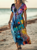 Women's Colorful Irregular Pattern Art Print Pocket Cotton Dresses
