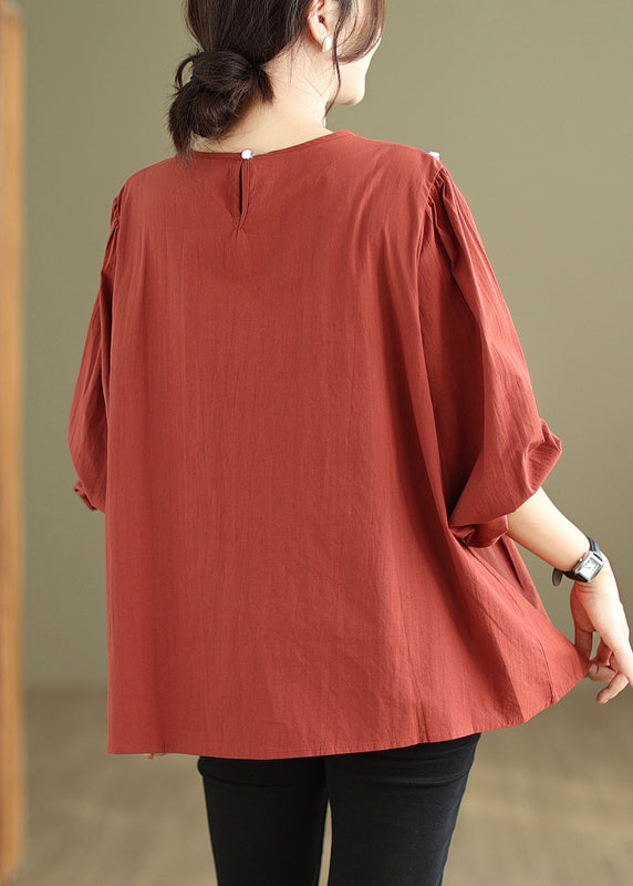 Rust Embroideried Patchwork Cotton Top Fall