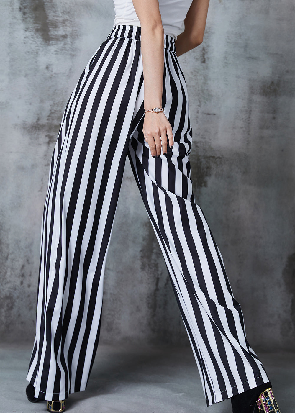 Black Tasseled Striped Cotton Straight Pants Summer