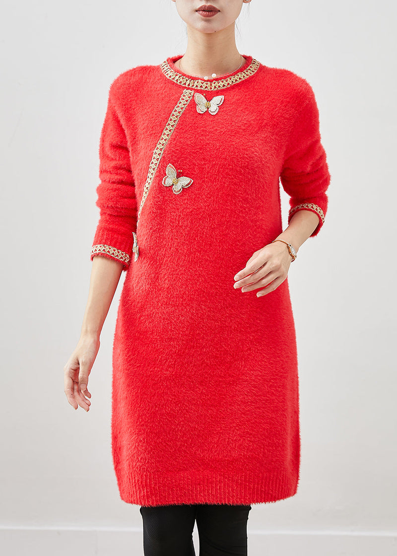 Red Butterfly Knit Sweater Dress Winter
