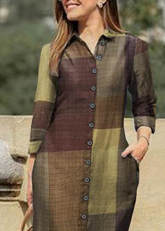 Blue Peter Pan Collar Plaid Button Maxi Shirt Dresses Spring