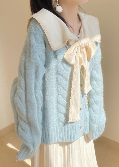 Light Blue Bow Collar Cozy Knit Sweater Tops Winter