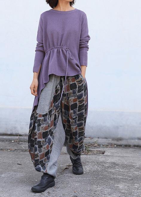 Purple Clothes O Neck Knitted Blouse Drawstring Asymmetric