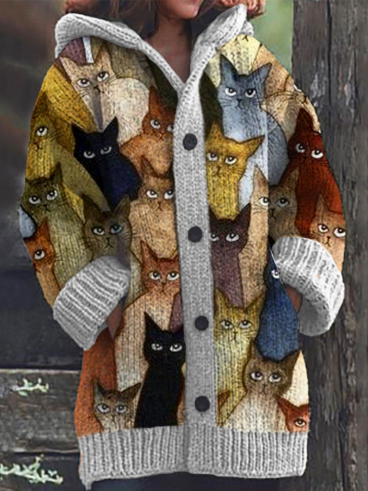 Comstylish Colorful Cats Pattern Cozy Hooded Cardigan