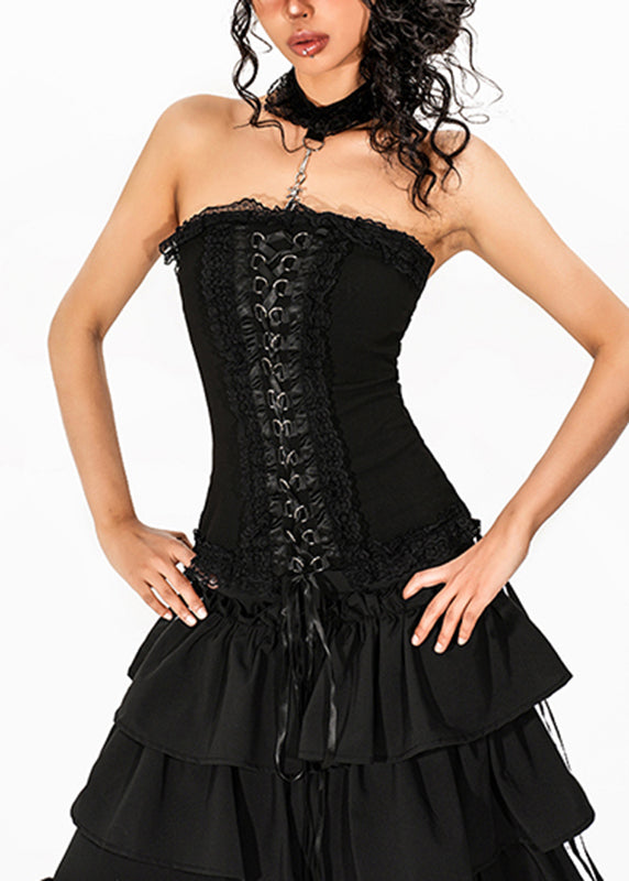 French Black Tie Waist Top Sleeveless