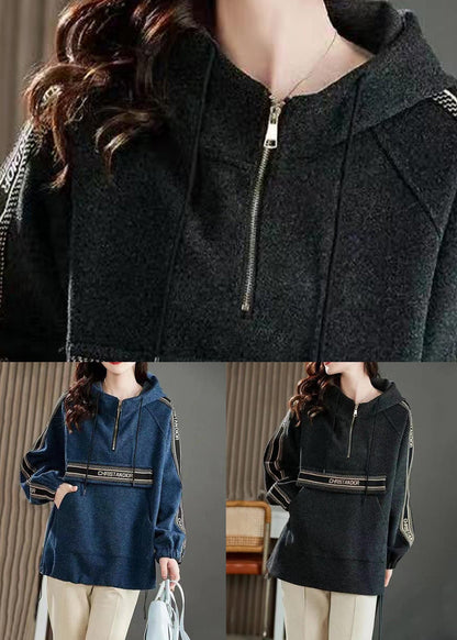 Blue Hooded Pockets Patchwork Cotton Sweatshirts Long Sleeve
