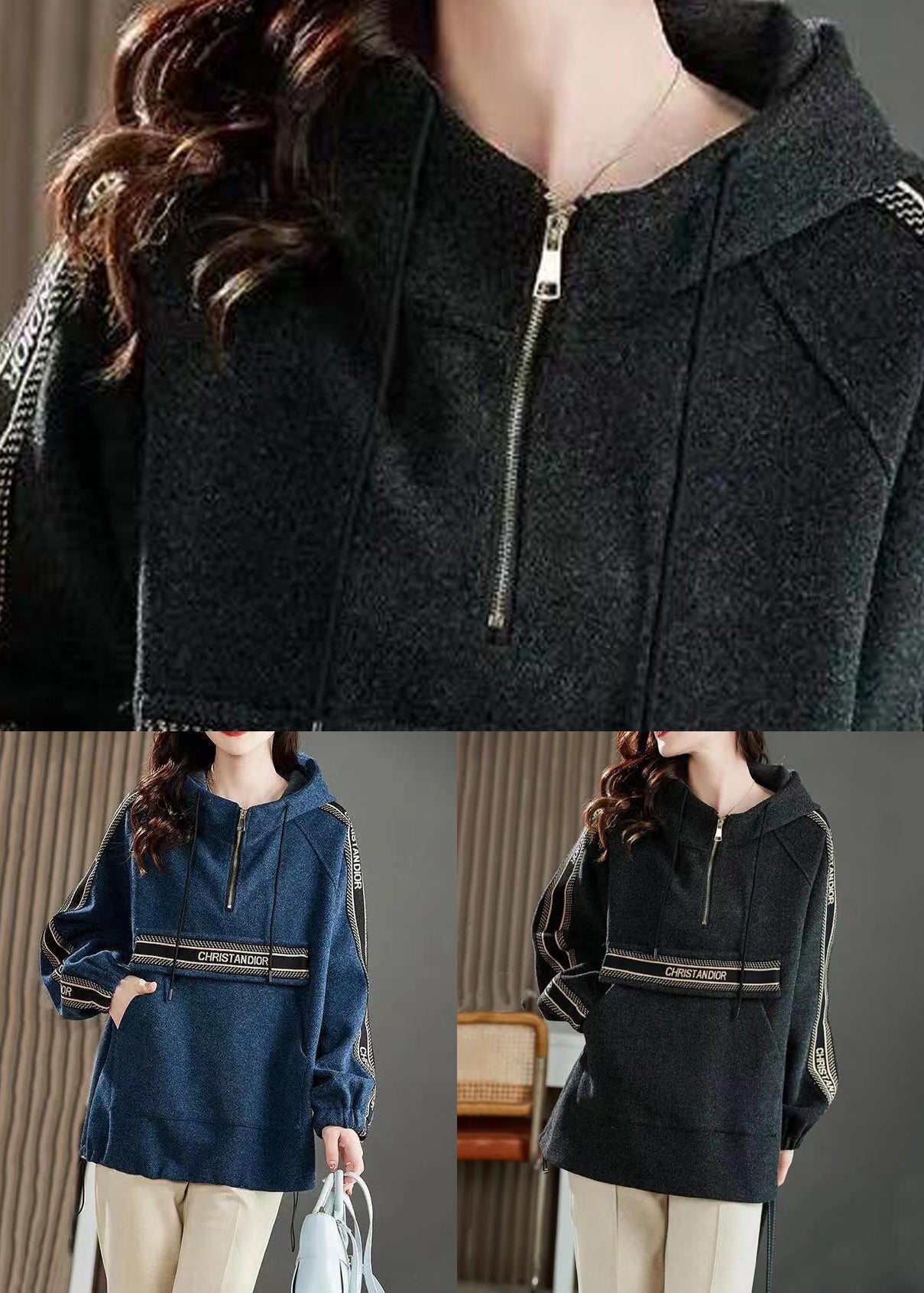 Dark Grey Drawstring Patchwork Cotton Sweatshirt Zip Up Fall
