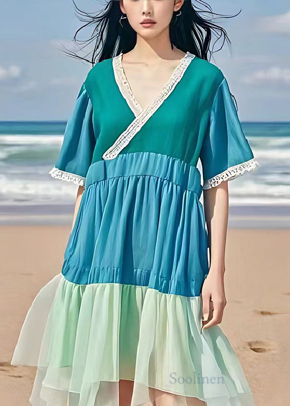 Blue V Neck Patchwork Wrinkled Linen Dress Summer