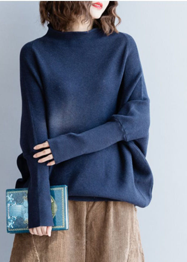 Navy Stand Collar Chunky Oversized Knit Sweaters Batwing Sleeve