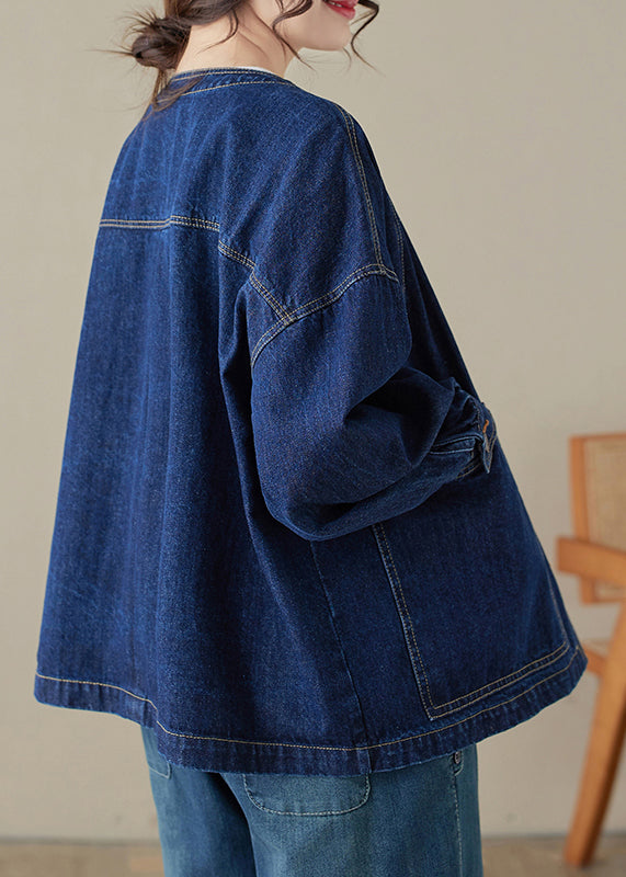 Loose Blue O-neck Pockets Patchwork Denim Coats Long Sleeve Spring