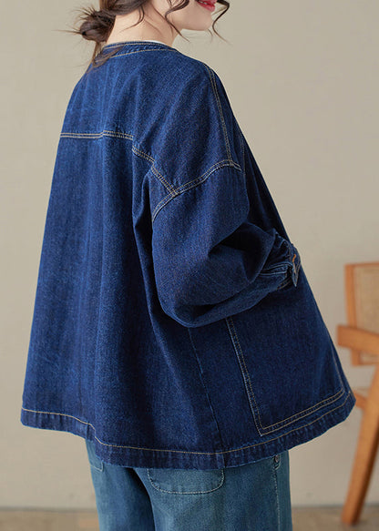 Loose Blue O-neck Pockets Patchwork Denim Coats Long Sleeve Spring