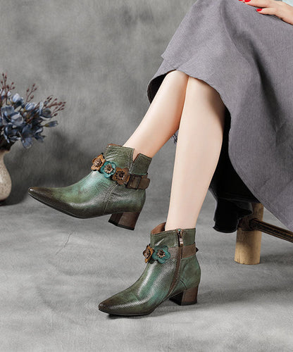 Art Green Zippered Splicing Chunky Boots Pointed Toe