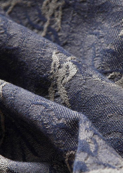 Blue Jacquard V Neck Button Spaghetti Strap Cotton Summer Tank