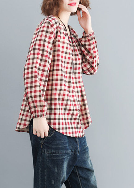 Red O-neck Plaid Cotton Loose Tops Spring