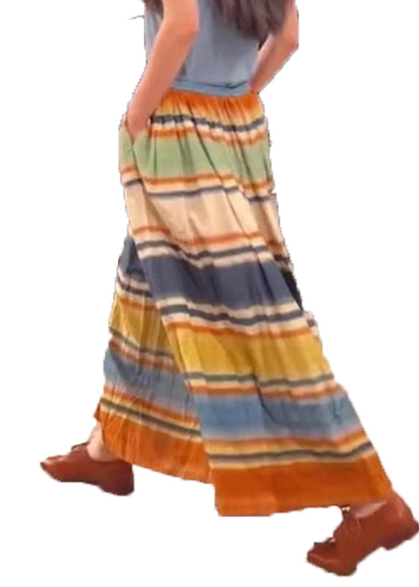 Stylish Rainbow Striped Pockets Elastic a Line Waist Skirts