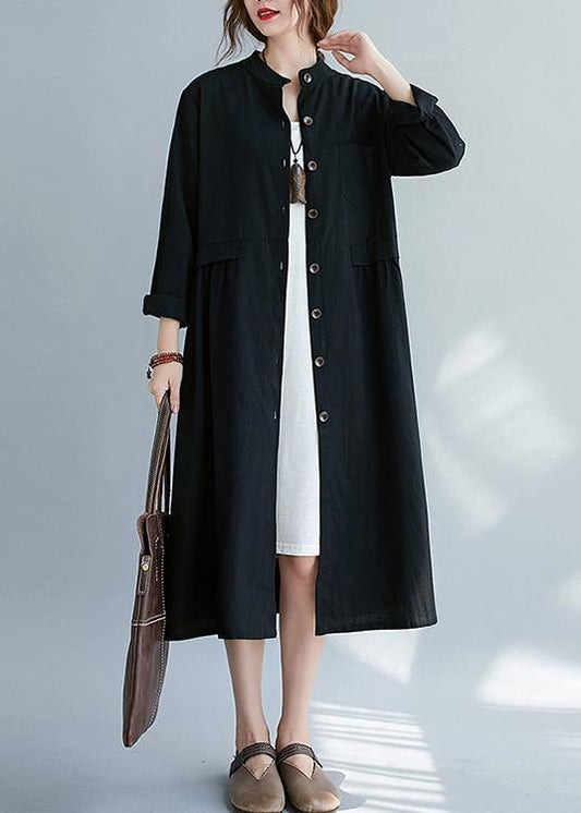 French Black Clothes Stand Collar Button Down a Line Spring Dress
