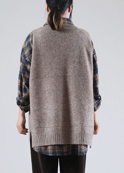 Khaki V Neck Side Open Sleeveless Knit Vest