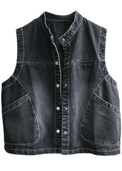 Fitted Black Stand Collar Pockets Button Fall Top Sleeveless Waistcoat