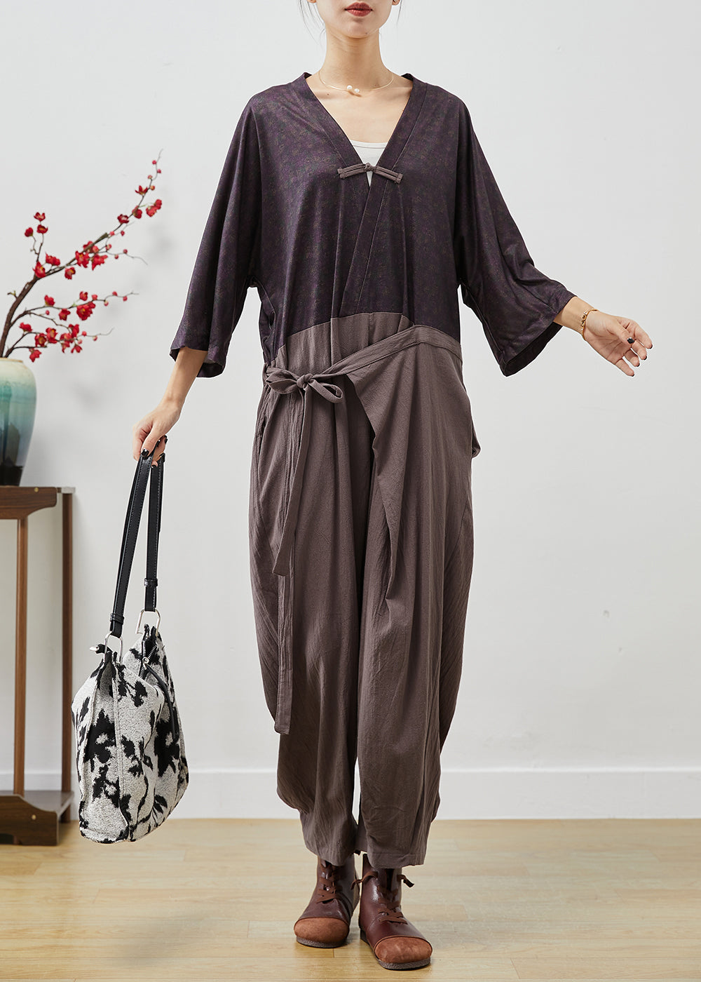 Colorblock Chinese Button Patchwork Lace Up Linen Jumpsuits Fall