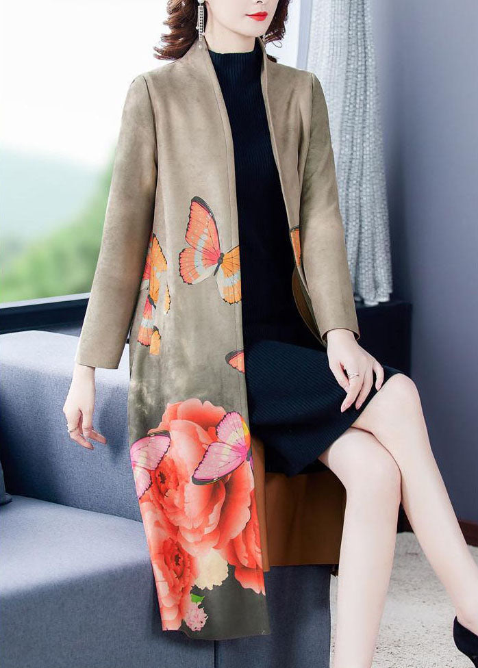 Grey V Neck Butterfly Print Faux Suede Coats Long Sleeve