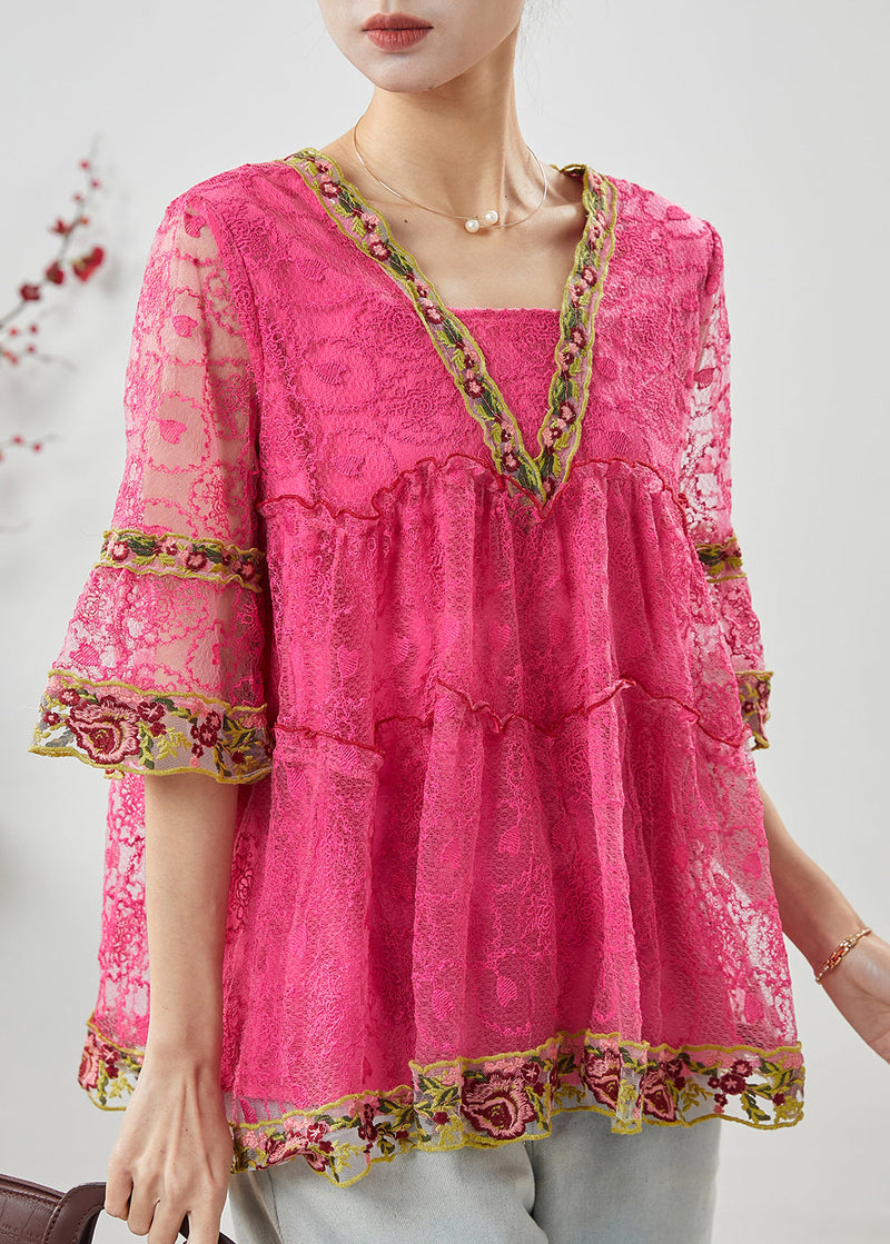 Pink Ruffled Lace a Line Shirt Tops Summer