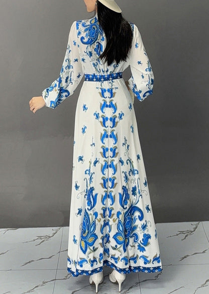 White Print Lace Up Cotton Long Dress Fall