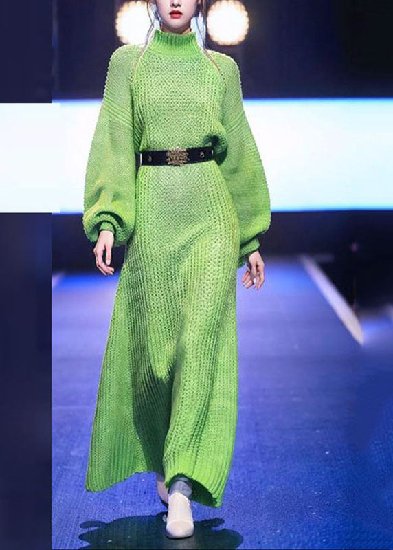 Green Turtleneck Sashes Cotton Knit Knit Sweater Dress Winter