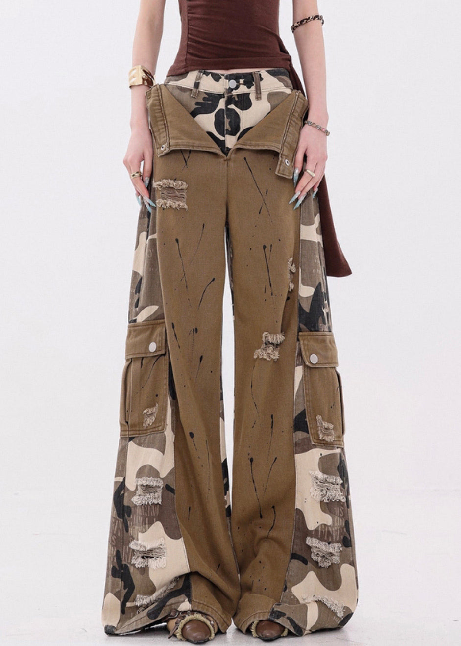 Camouflage Pockets False Two Pieces Patchwork Denim Pants Fall