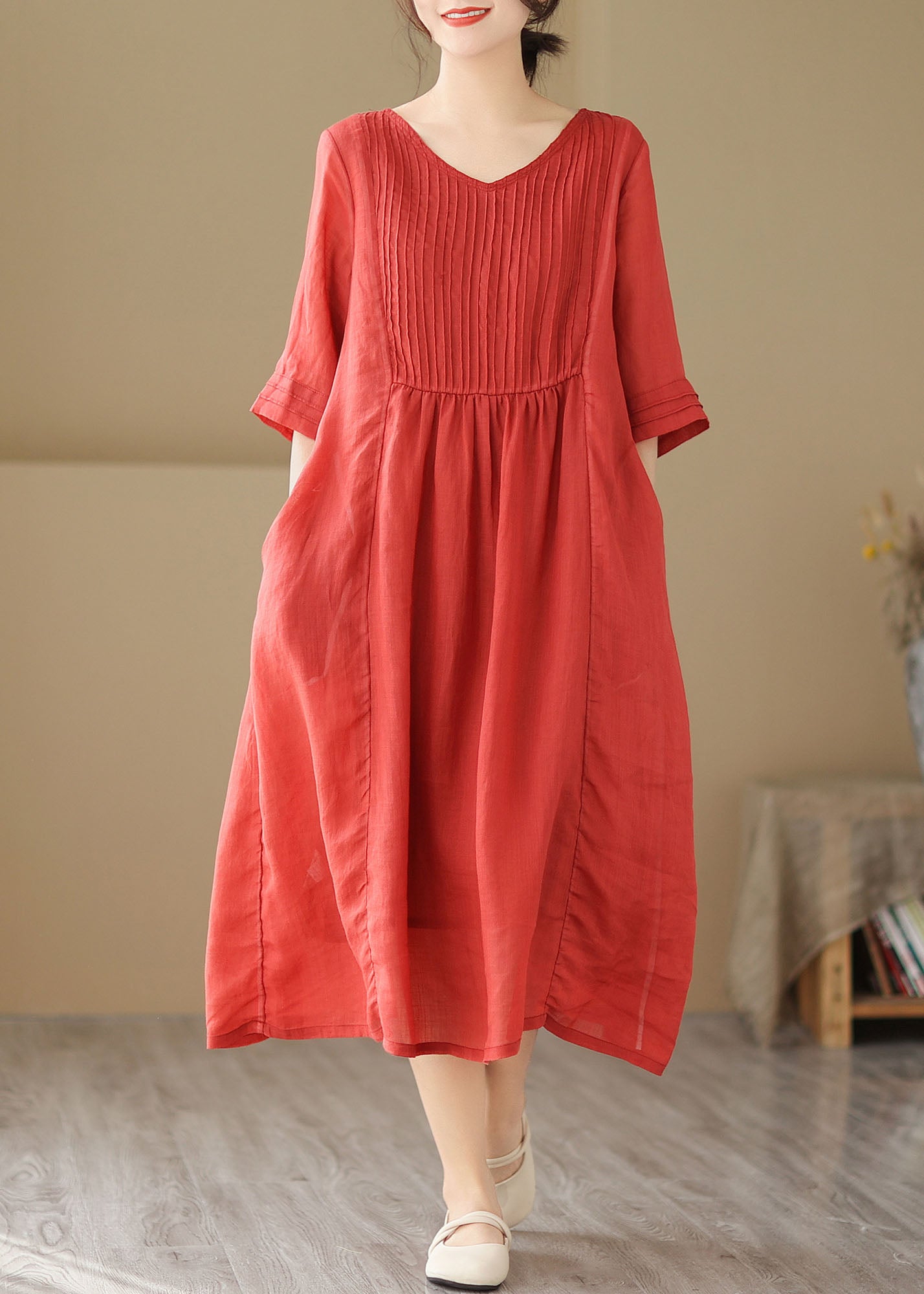 Red V Neck Wrinkled Patchwork Linen Dress Summer