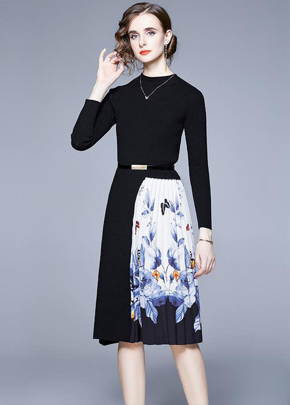 French Black O-neck Patchwork Print Knit Long Dress Long Sleeve