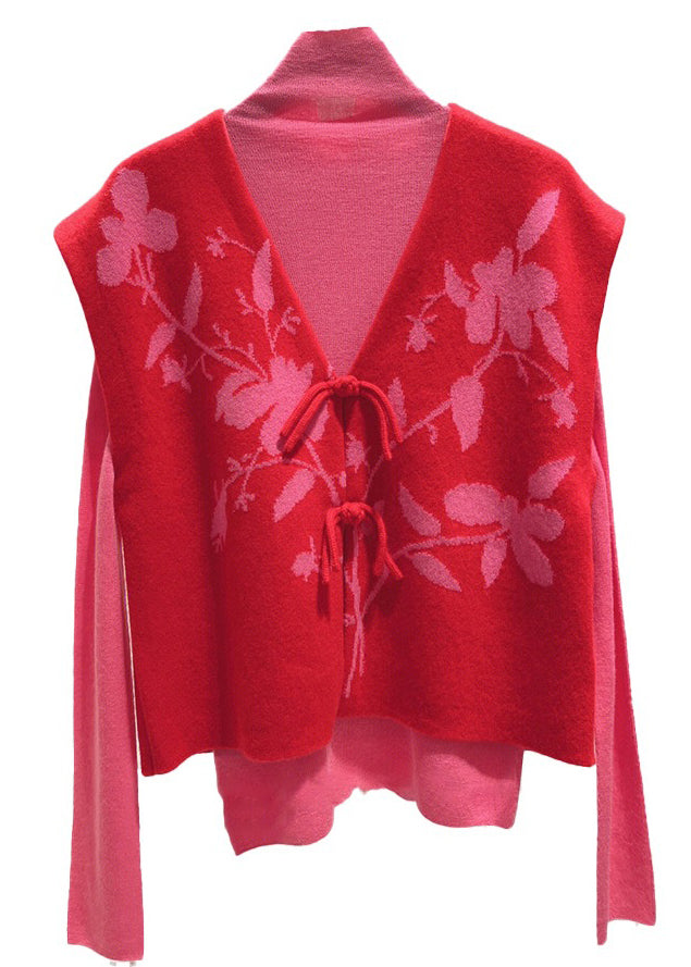 Loose Red Button Patchwork Tops and Waistcoat Knit Two Pieces Set Fall