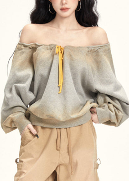 Grey Slash Neck Drawstring T Shirt Fall