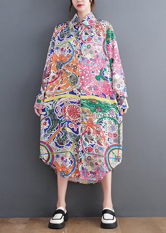 Peter Pan Collar Print Button Maxi Shirts Dresses Spring