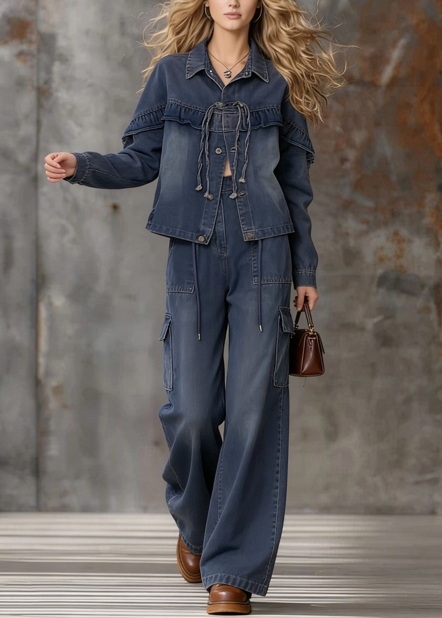 Unique Blue Ruffled Pockets Patchwork Denim Two Pieces Set Spring
